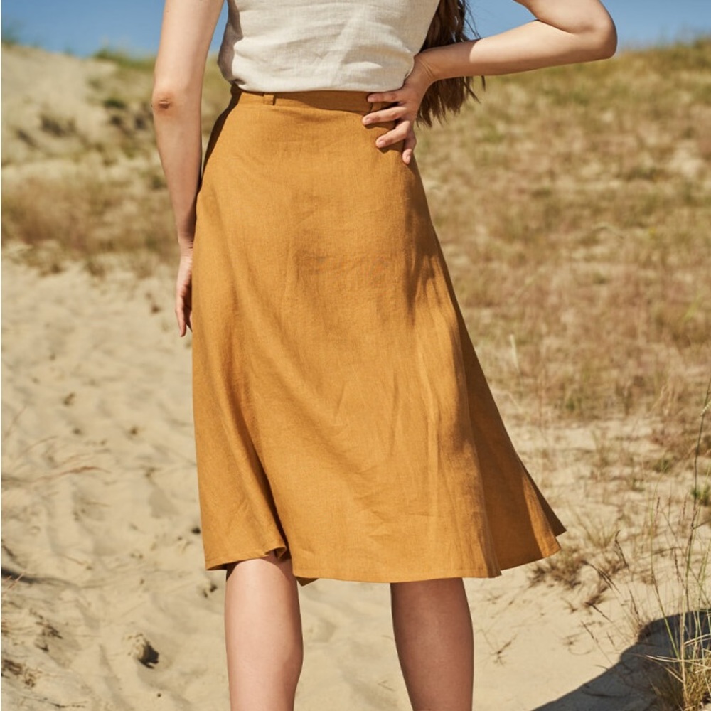 Linen Handmade Studio (Lithuania) Briny Button Front Skirt, Size 6 in Mustard - Picture 2 of 10